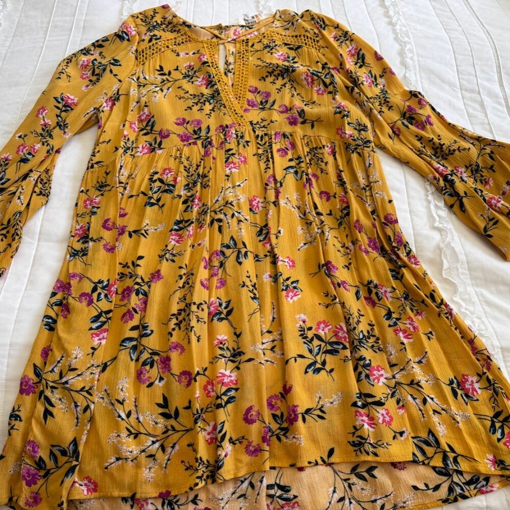Umgee Womens 2XL Plus Yellow Floral Tunic Dress Top